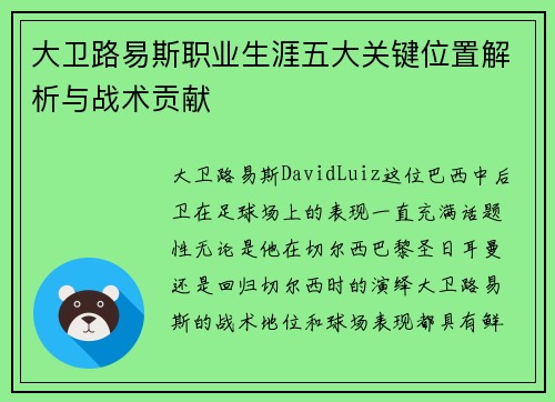 大卫路易斯职业生涯五大关键位置解析与战术贡献 大卫路易斯职业生涯五大关键位置解析与战术贡献